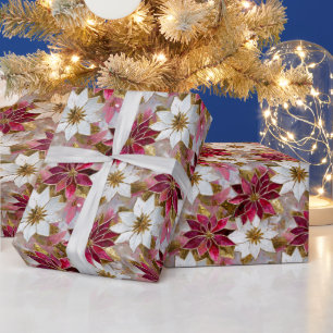White Gold Burgundy Pink Christmas Poinsettias Wrapping Paper