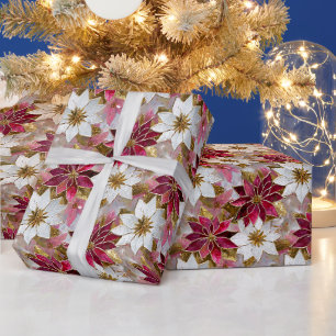 White Gold Burgundy Pink Christmas Poinsettias Wrapping Paper