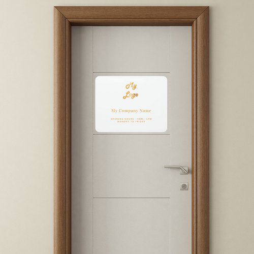 White gold business logo name opening hours door sign