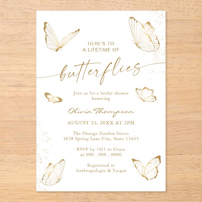 White Gold Butterfly Bridal Shower Acrylic Invitations (Front)