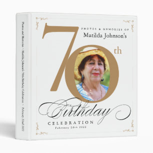 White Gold Calligraphy 70th Birthday Elegant Photo 3 Ring Binder