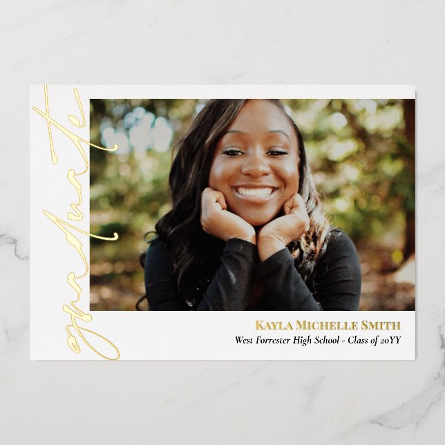 White Gold Calligraphy Photo Graduation Foil Invitation (Front)