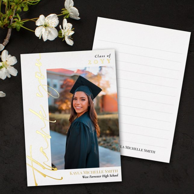 White Gold Calligraphy Photo Graduation Thank You Foil Invitation (Creator Uploaded)