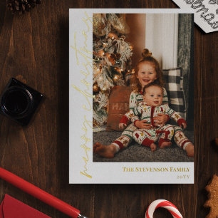 White Gold Calligraphy Photo Merry Christmas Foil  Holiday Card