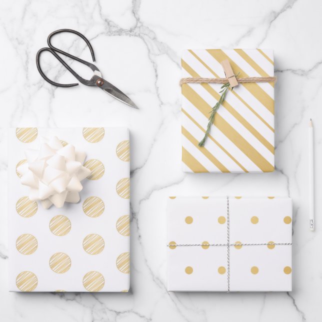 White & Gold Candy Cane Stripes & Polka Dots Wrapping Paper Sheets (Front)