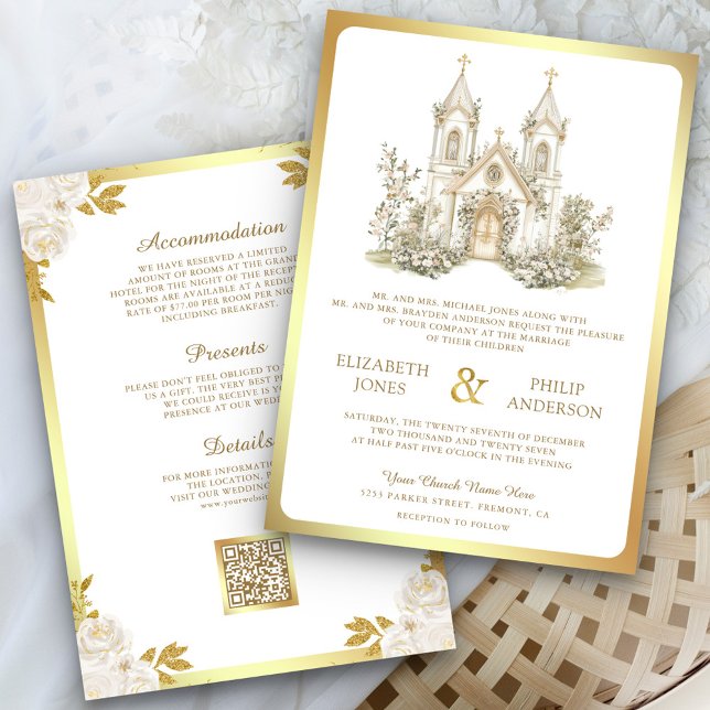 White Gold Catholic Church All in One Wedding Invitation (Creator Uploaded)