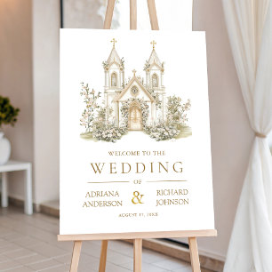White Gold Catholic Church Wedding Welcome Sign