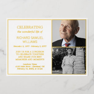 White Gold Celebrating Life 2 Photos Memorial Foil Invitation