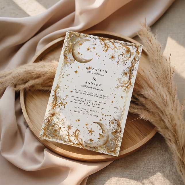 White Gold Celestial Moon & Stars Wedding Invitation (Creator Uploaded)