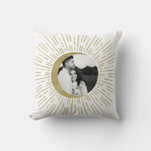 White & Gold Celestial Sunburst Moon Photo Wedding Throw Pillow