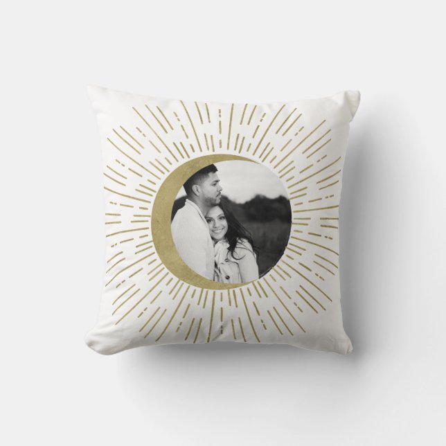 White & Gold Celestial Sunburst Moon Photo Wedding Throw Pillow (Front)