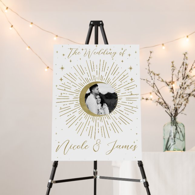 White & Gold Celestial Sunburst Photo Wedding Foam Board (In Situ (Stand))
