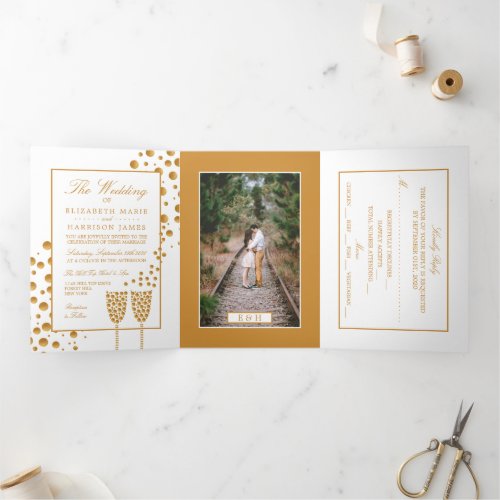 White  Gold Champagne Bubbles Wedding Suite Tri_Fold Invitation