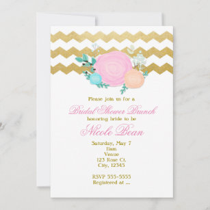 White & Gold Chevron Floral Garden Bridal Shower Invitation