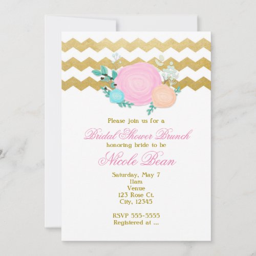 White  Gold Chevron Floral Garden Bridal Shower Invitation