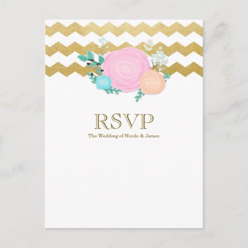 White  Gold Chevron Floral Garden Wedding RSVP Invitation Postcard