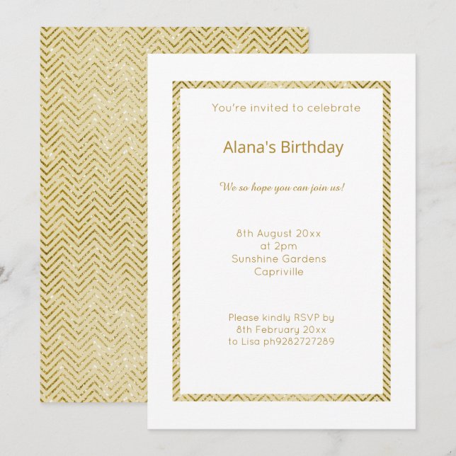 WHITE GOLD CHEVRON TRIM  ALL OCASSION INVITATION (Front/Back)