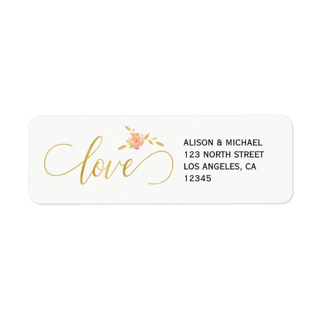 White gold chic floral love script wedding rsvp label (Front)