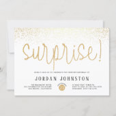 White & Gold Chic Script Surprise Birthday Party Invitation (Front)