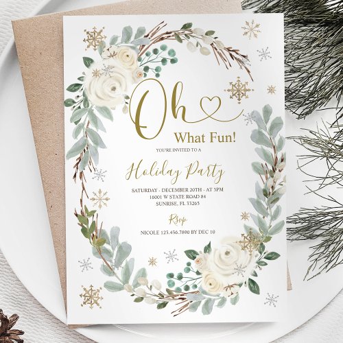 White Gold Christmas Floral Holiday Winter Party Invitation