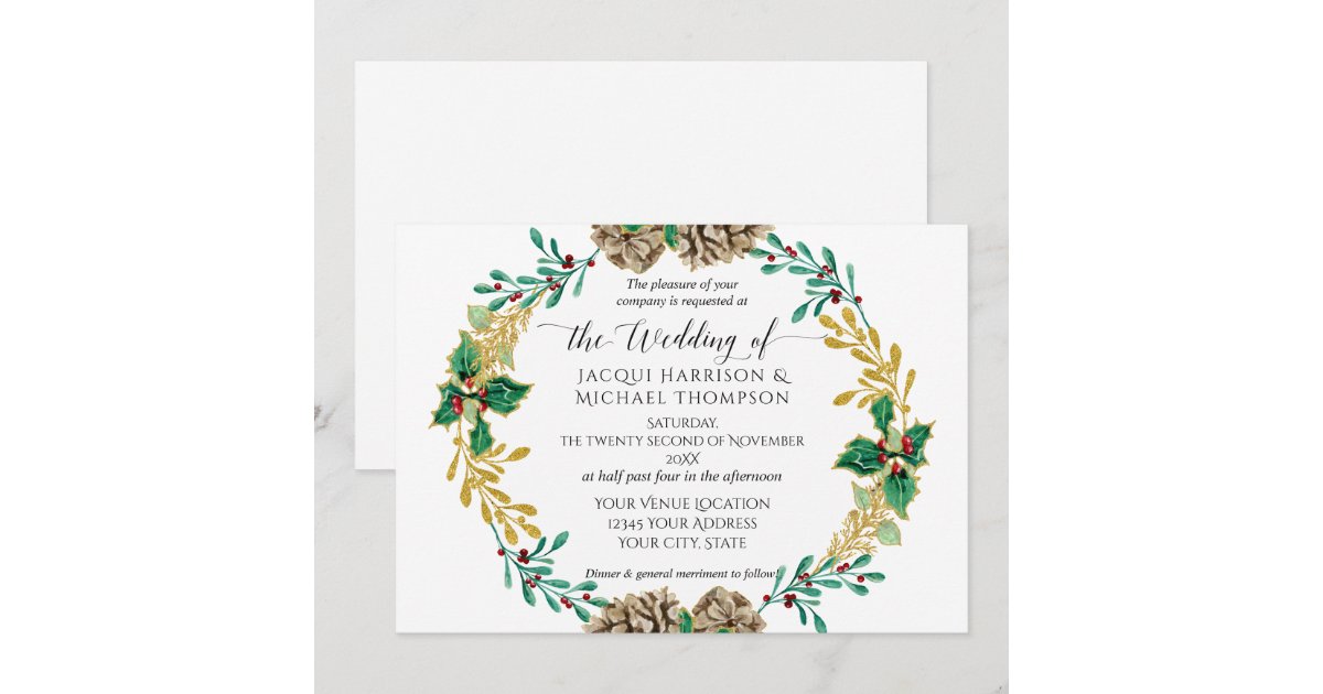 White Gold Christmas Pine Cone Greenery Wedding Invitation | Zazzle
