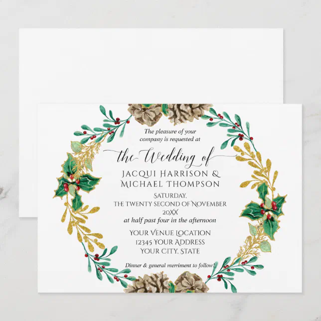 White Gold Christmas Pine Cone Greenery Wedding Invitation | Zazzle