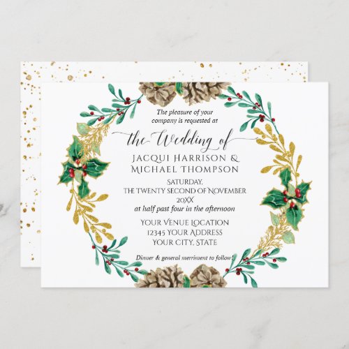 White Gold Christmas Pine Cone Greenery Wedding Invitation