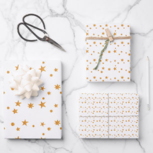 White & Gold Christmas Snowflakes Stars Wrapping Paper Sheets