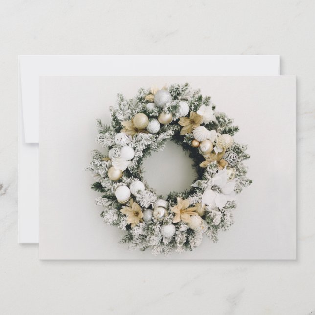White Gold Christmas Wreath Business Holiday Card (Front)