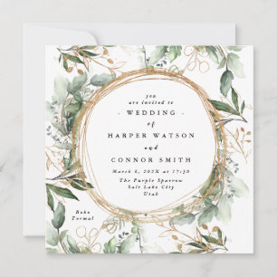 White Gold Circle Frame Boho Botanical Eucalyptus Invitation