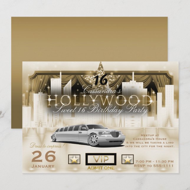 White Gold City Night Lights Limo Hollywood Party Invitation (Front/Back)