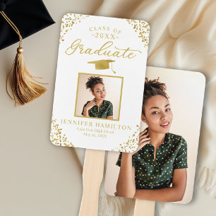 White Gold Confetti 2 Photo Graduation Hand Fan