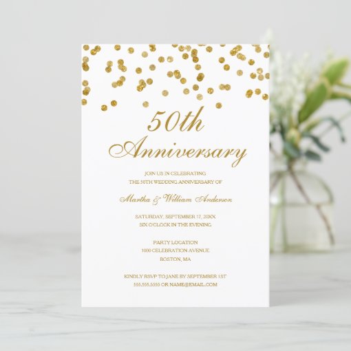 White & Gold Confetti 50th Wedding Anniversary Invitation | Zazzle