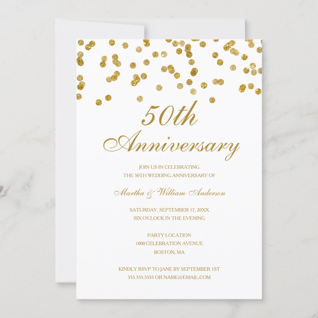 White & Gold Confetti 50th Wedding Anniversary Invitation | Zazzle