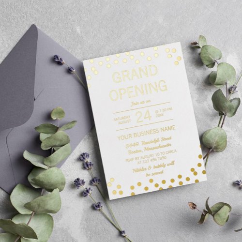 White  Gold Confetti Business Grand Opening Foil Invitation