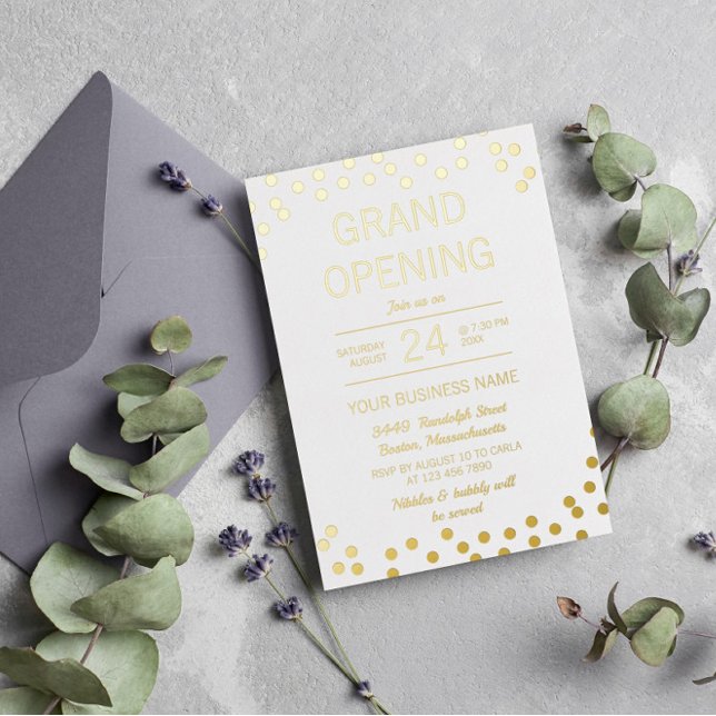 White & Gold Confetti Business Grand Opening Foil Invitation (Creator Uploaded)