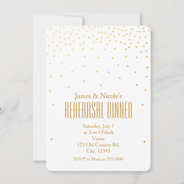 White & Gold Confetti Dots Rehearsal Dinner Card (Front)