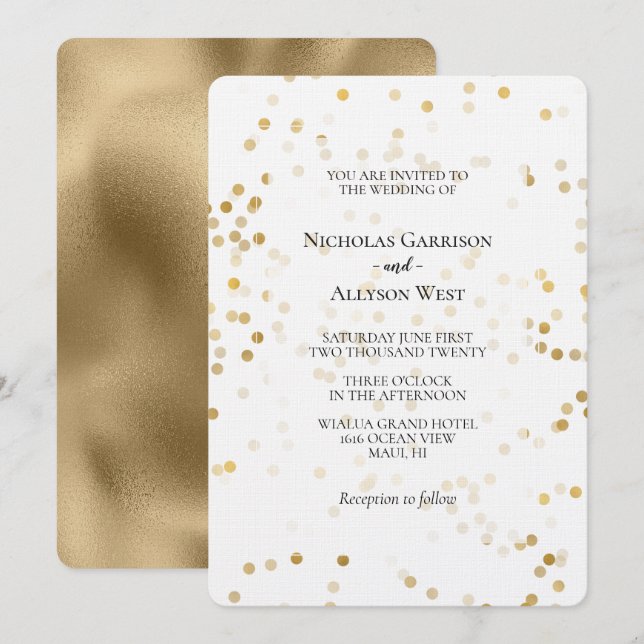 White Gold Confetti Dots Wedding Invitation (Front/Back)