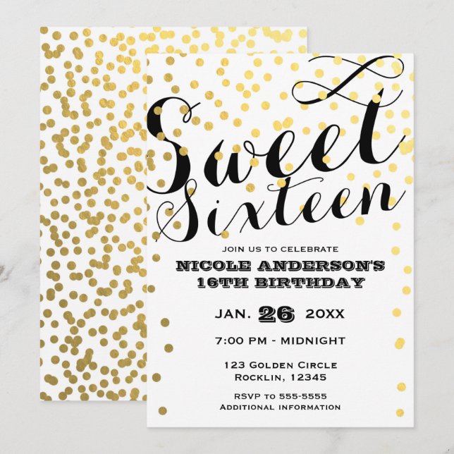 White & Gold Confetti Foil SWEET 16 SIXTEEN Invitation (Front/Back)