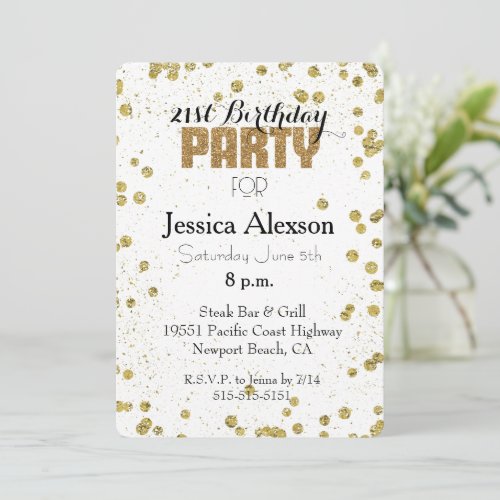 White Gold Confetti Glitter 21st Birthday Invitation