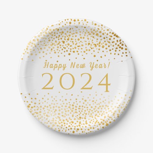 White Gold Confetti Happy New Year 2019 Paper Plates