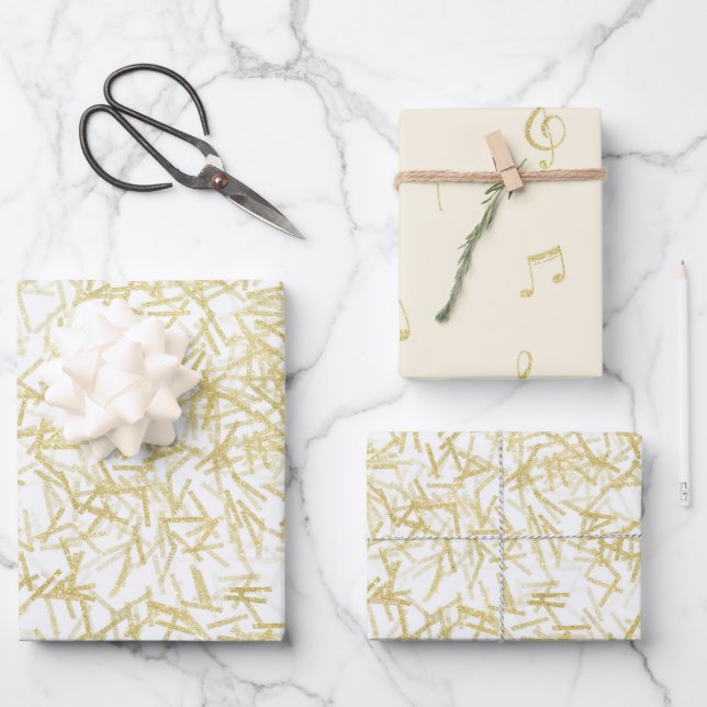 White Gold Confetti Music Notes Birthday Wrapping Paper Sheets (Front)