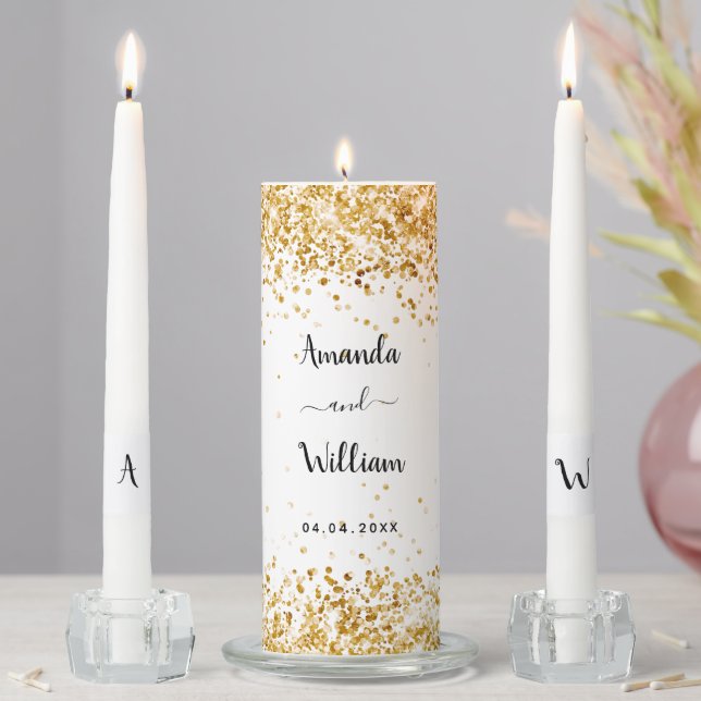 White gold confetti names wedding unity candle set (In Situ)