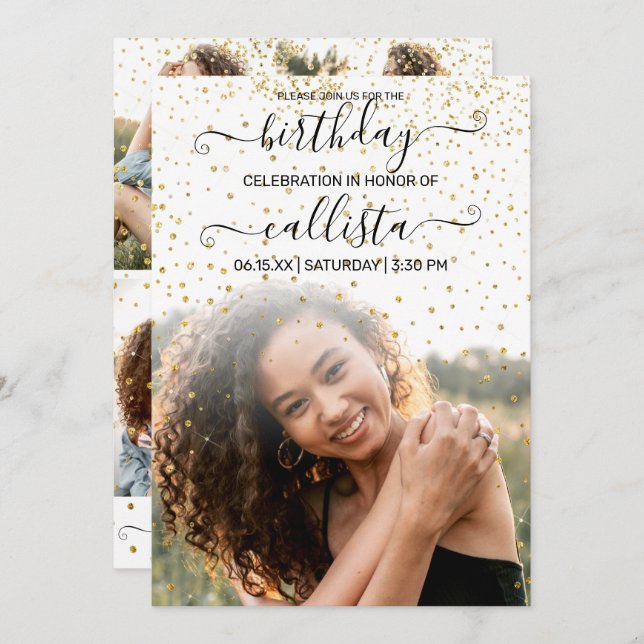 White Gold Confetti Photo Collage Birthday Invitation (Front/Back)