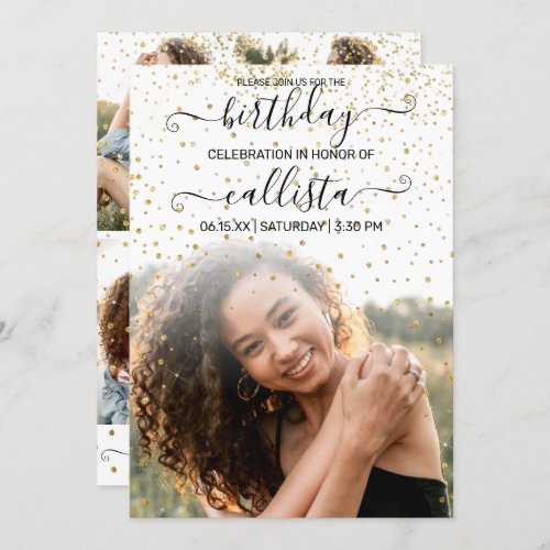 White Gold Confetti Photo Collage Birthday Invitation