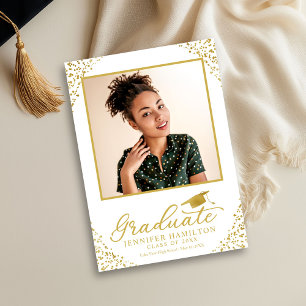White Gold Confetti Photo Graduation Announcement 