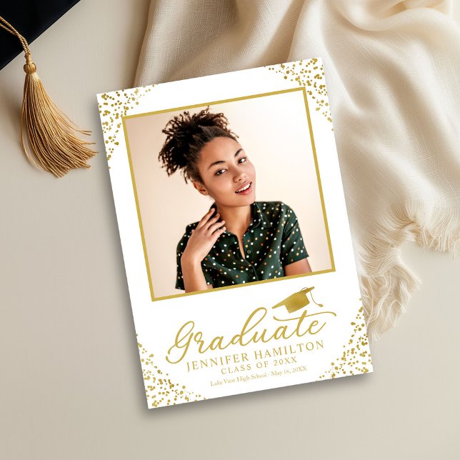 White Gold Confetti Photo Graduation Announcement  (Creator Uploaded)