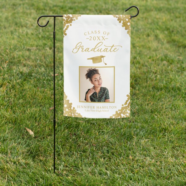 White Gold Confetti Photo Graduation Garden Flag (In SItu)