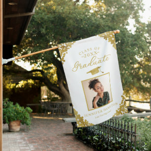 White Gold Confetti Photo Graduation House Flag