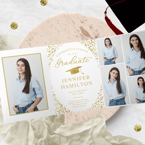 White Gold Confetti Photo Graduation Party  Tri_Fold Invitation